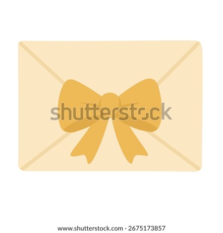 Decorative envelope with golden bow, flat cartoon style, isolated vector illustration for celebration design.