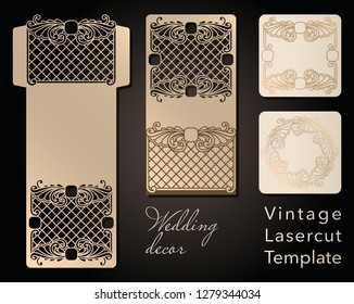 Decorative envelope and greeting card template for laser cutting. Cover design, invitations, save date in art Nouveau style for wedding, romantic party. Vector illustration.