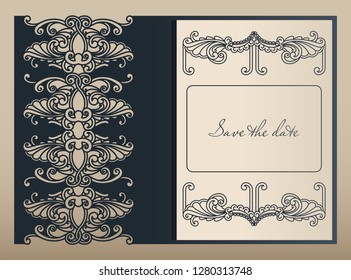 Dekorativer Umschlag und Grußkartenvorlage zum Laserschneiden. Cover Design, Einladungen, speichern Sie Datum im Art Nouveau Stil für Hochzeit, romantische Party. Vektorgrafik.