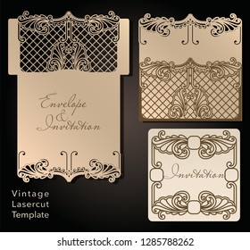 Decorative envelope and greeting card template for laser cutting. Cover design, invitations, save date in art Nouveau style for wedding, romantic party. Vector illustration.
