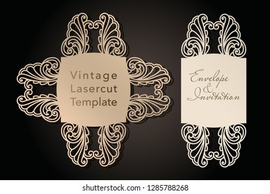 Decorative envelope and greeting card template for laser cutting. Cover design, invitations, save date in art Nouveau style for wedding, romantic party. Vector illustration.