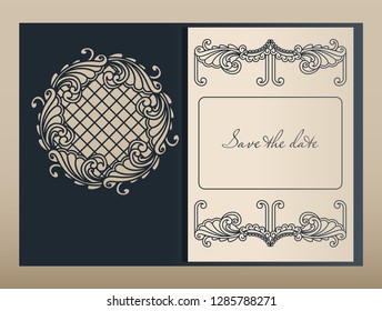 Decorative envelope and greeting card template for laser cutting. Cover design, invitations, save date in art Nouveau style for wedding, romantic party. Vector illustration.