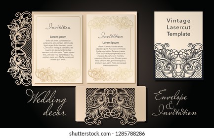 Decorative envelope and greeting card template for laser cutting. Cover design, invitations, save date in art Nouveau style for wedding, romantic party. Vector illustration.