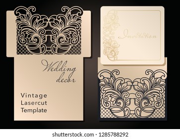 Decorative envelope and greeting card template for laser cutting. Cover design, invitations, save date in art Nouveau style for wedding, romantic party. Vector illustration.