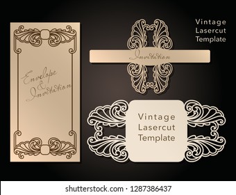 Decorative envelope and greeting card template for laser cutting. Cover design, invitations, save date in art Nouveau style for wedding, romantic party. Vector illustration.