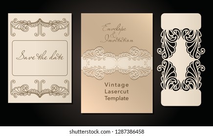 Decorative envelope and greeting card template for laser cutting. Cover design, invitations, save date in art Nouveau style for wedding, romantic party. Vector illustration.