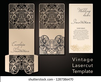Decorative envelope and greeting card template for laser cutting. Cover design, invitations, save date in art Nouveau style for wedding, romantic party. Vector illustration.
