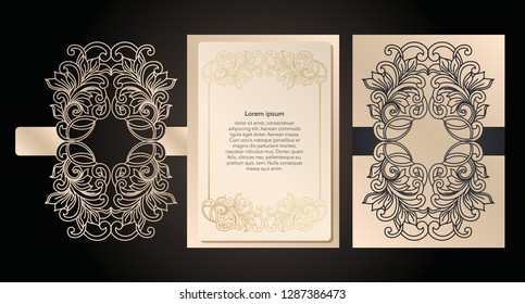 Sobre decorativo y plantilla de tarjetas de felicitación para corte láser. Diseño de portada, invitaciones, guardar fecha en estilo Art Nouveau para boda, fiesta romántica. Ilustración vectorial.