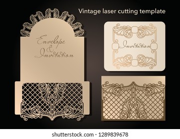Sobre decorativo y plantilla de tarjetas de felicitación para corte láser. Diseño de portada, invitaciones, guardar fecha en estilo Art Nouveau para boda, fiesta romántica. Ilustración vectorial.