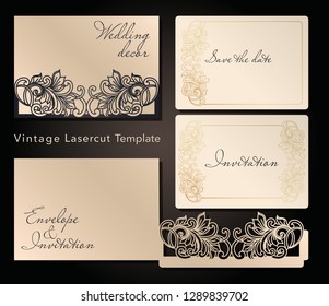 Sobre decorativo y plantilla de tarjetas de felicitación para corte láser. Diseño de portada, invitaciones, guardar fecha en estilo Art Nouveau para boda, fiesta romántica. Ilustración vectorial.