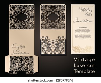 Sobre decorativo y plantilla de tarjetas de felicitación para corte láser. Diseño de portada, invitaciones, guardar fecha en estilo Art Nouveau para boda, fiesta romántica. Ilustración vectorial.