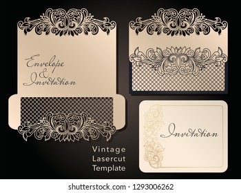 Sobre decorativo y plantilla de tarjetas de felicitación para corte láser. Diseño de portada, invitaciones, guardar fecha en estilo Art Nouveau para boda, fiesta romántica. Ilustración vectorial.