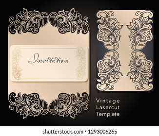 Decorative envelope and greeting card template for laser cutting. Cover design, invitations, save date in art Nouveau style for wedding, romantic party. Vector illustration.