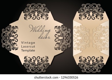 Sobre decorativo y plantilla de tarjetas de felicitación para corte láser. Diseño de portada, invitaciones, guardar fecha en estilo Art Nouveau para boda, fiesta romántica. Ilustración vectorial.