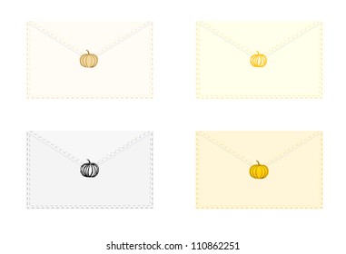 Decorative envelopes sealed with artistic pumpkin stamp. Eps 10 Halloween vector set. Contains Adobe Illustrator's Drop Shadow.