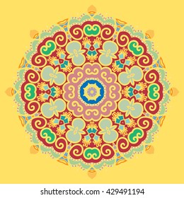 Decorative ethnic background. Mandala flower ornament. Geometric floral pattern with stylized flower, colorful decoration. Hand drawn vector illustration