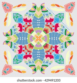 Decorative ethnic background. Mandala flower ornament. Geometric floral pattern with stylized flower, colorful decoration. Hand drawn vector illustration