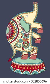 decorative ethnic colored drawing of circus theme - elephant performance on dark blue background, vector illustration