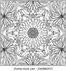 Decorative ethnic mandala pattern. Outline hand drawing. Good for coloring page for the adult coloring book. Stock vector illustration.