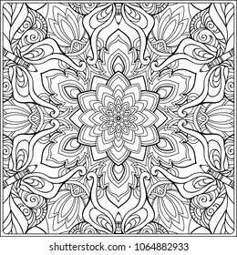 Decorative ethnic mandala pattern. Outline hand drawing. Good for coloring page for the adult coloring book. Stock vector illustration.
