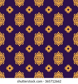 Decorative ethnic seamless pattern. Golden (yellow) eastern ornament on dark blue background.  Oriental abstract seamless pattern in vector