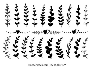 decorative eucalyptus olive branches, leaves, flower silhouette