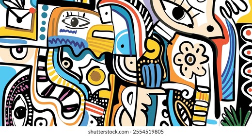 Decorative eye background in the style of cubism, hand drawn vector line art illustration.
