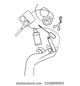 Cosméticos decorativos de ceja enmarcados con un dibujo de línea continua a mano sobre fondo blanco. maquillaje de Eyeliner. Diseño mínimo. Ilustración del vector