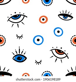 Decorative eyes in different shapes and sizes vector seamless pattern background. Intuition and spirituality concept. Halloween design.