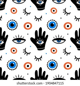 Decorative eyes icons, evil eyes symbols seamless pattern background. Intuition and spirituality concept. Halloween pattern.
