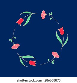 Decorative f round  rame with flowers and tulips on a blue background