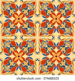 Decorative fabric pattern with abstract multicolor ornament.