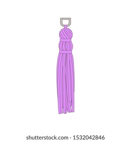 Decorative fabric tassel from lilac thread doodle cartoon vector illustration isolated on white background. Baroque decor for handmade invitations cards and packaging.