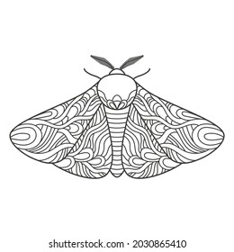 Decorative fantastic moth. Wings covered with ornaments for coloring. Vector illustration isolated on white background.