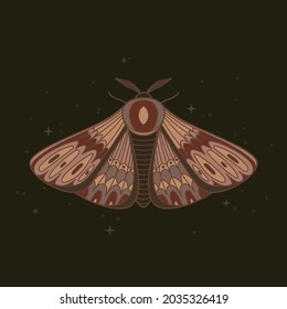 Decorative fantastic moth. Wings covered with ornaments. Vector illustration isolated on dark background with sparkles