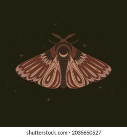 Decorative fantastic moth. Wings covered with ornaments. Vector illustration isolated on dark background with sparkles