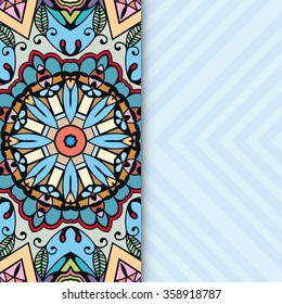 Decorative fantasy graphic background with vertical seamless pattern element. Card or Invitation with tribal ethnic ornament, floral geometric repeating texture.