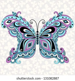 Decorative fantasy vintage butterfly with grey seamless pattern (vector)