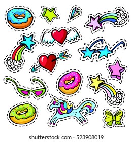Decorative fashion patch badges set with colorful girls fashion elements. Girl patches in comic cartoon 80-90 fashion style. Patch for fashion design.Vector illustration stock vector.