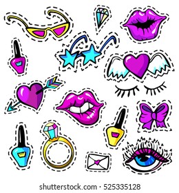 Decorative fashion patch badges set with colorful girls elements. Girl comic cartoon 80-90 style. Vector illustration stock vector.