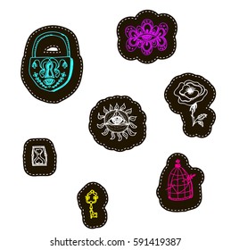 Decorative fashion patch badges set with colorful girls fashion elements. Vector illustration 