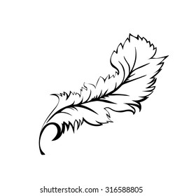 Decorative Feather. Black outline are on a white background. Vector illustration
