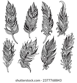 Decorative feather icons retro tribal decor handdrawn sketch