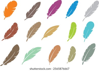 Decorative feather icons set. Colorful hand-drawn feathers. Easy to change color or size. Bird feather poster, banner designing for media and web. trust, Honor, strength, wisdom, power, and freedom.