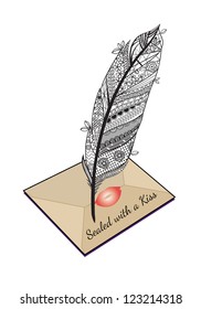 Decorative feather over envelope sealed with a kiss