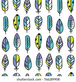 Decorative feather seamless pattern. Endless hand drawn fabric. Trendy stylish texture with doodle feather. Perfect for fabric design, wallpaper, wrapping, backdrop
