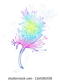 Decorative  Feather in Zen doodle or Zen tangle Boho style colorful for tattoo or decoration T shirt Bag or  bedclothes. Symbol of  lightness  elegance  grace. 