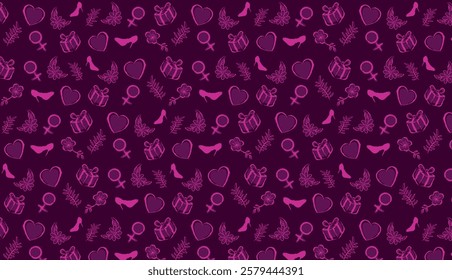 Decorative feminine pattern with icons of hearts, gifts and heels in pink tones