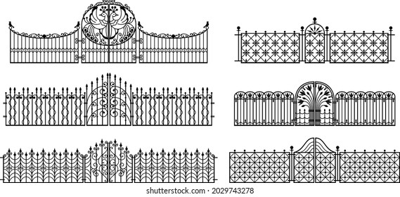 Decorative fences and gates. Set of vintage wrought metal fences with gates. Isolated black silhouette on white background. Vector