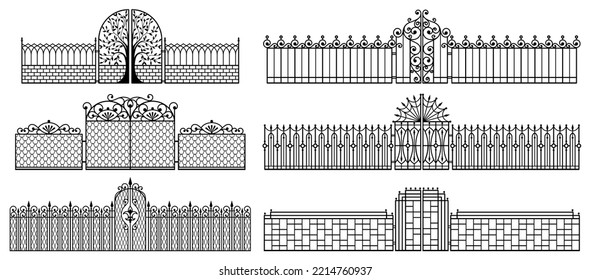 Decorative fences and gates. Set of vintage wrought metal fences with gates. Isolated black silhouette on white background. Vector illustration